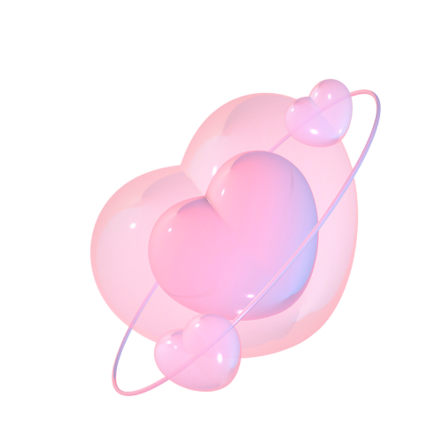 A 3D graphic of three glossy, pink hearts orbiting a pale blue ring, creating a whimsical, dreamy atmosphere.