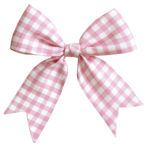 A pink gingham bow with wide tails, designed for a whimsical and charming decorative touch.