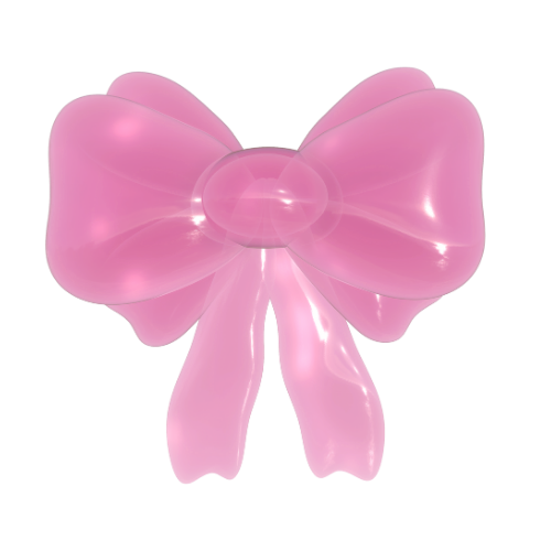 A glossy pink bow with wide, rounded loops and two flowing tails, giving a cheerful and playful appearance.