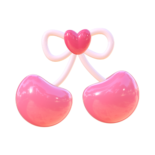 A playful design of two pink cherries connected by a white bow, topped with a small heart in the center. Bright and glossy finish.