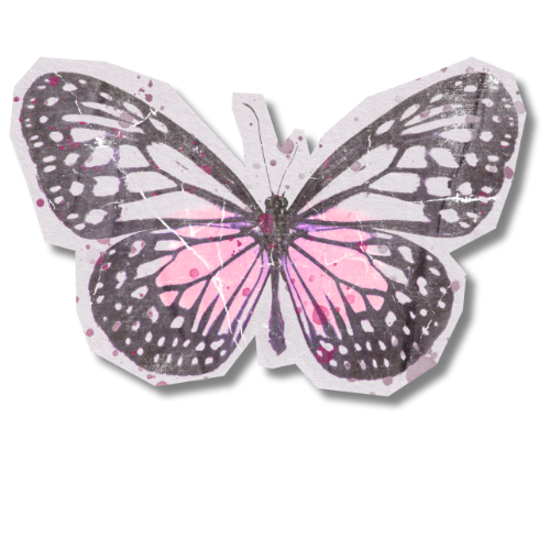 A stylized butterfly illustration featuring intricate black and white patterns and vibrant pink accents, with a shimmering effect.