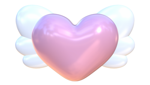 A shiny pink heart with fluffy white wings, resembling a cute and whimsical design.