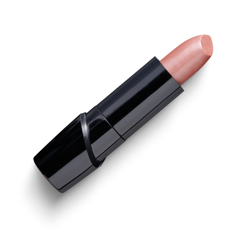 A close-up of a shimmering nude lipstick in a sleek black case, slightly twisted to reveal its creamy, glossy bullet.
